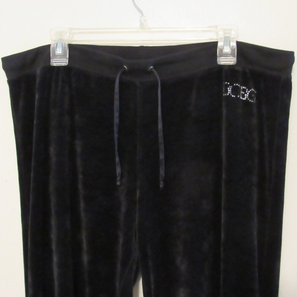 BCBG Maxazria Velour Lounge Pants Women's XL Black Rhinestone Logo Elastic Ankle